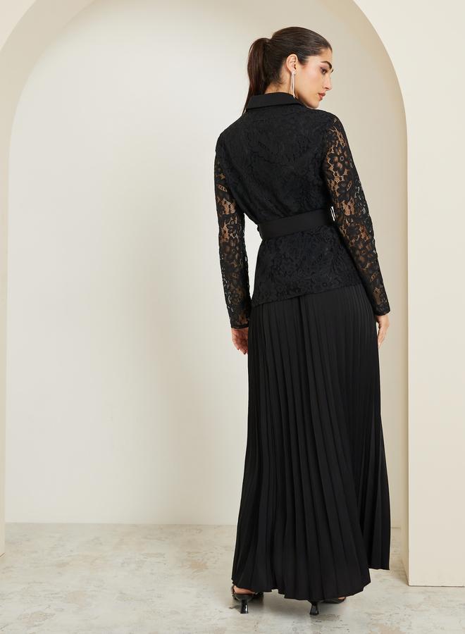 ستايلي طقم منسق من تنورة بكسرات وقميص دانتيل بحزام - Image 4